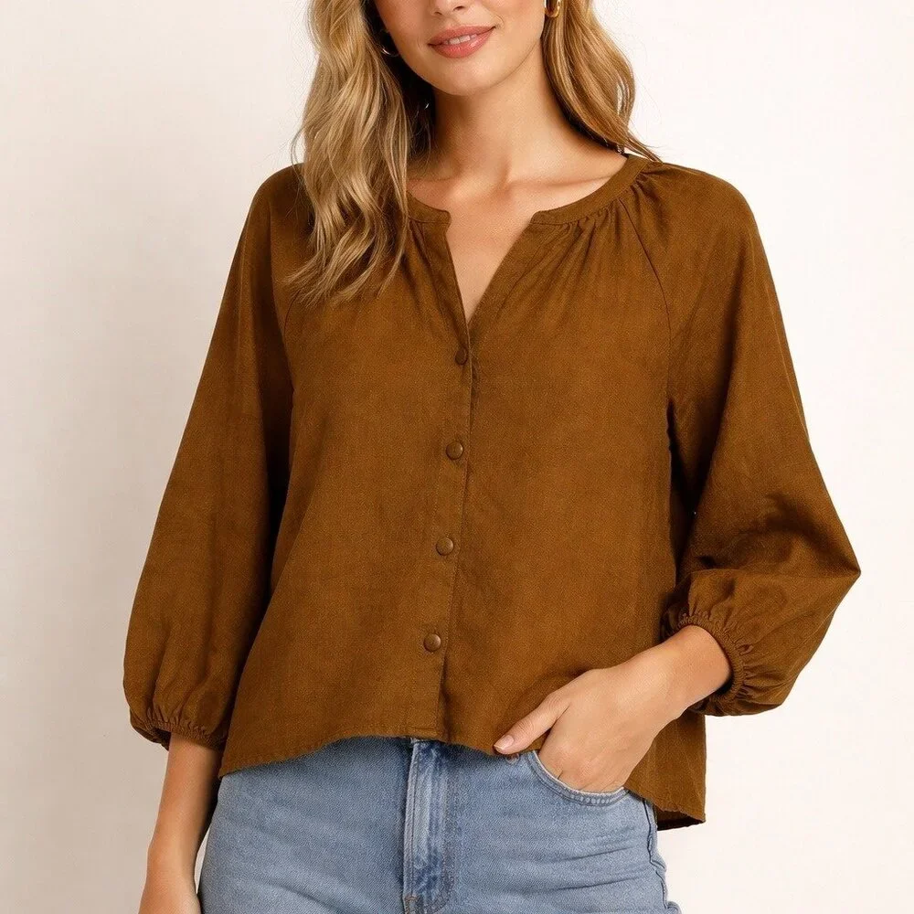 Marc New York Andrew Marc Brown Faux Suede Ballon Sleeve Top Large